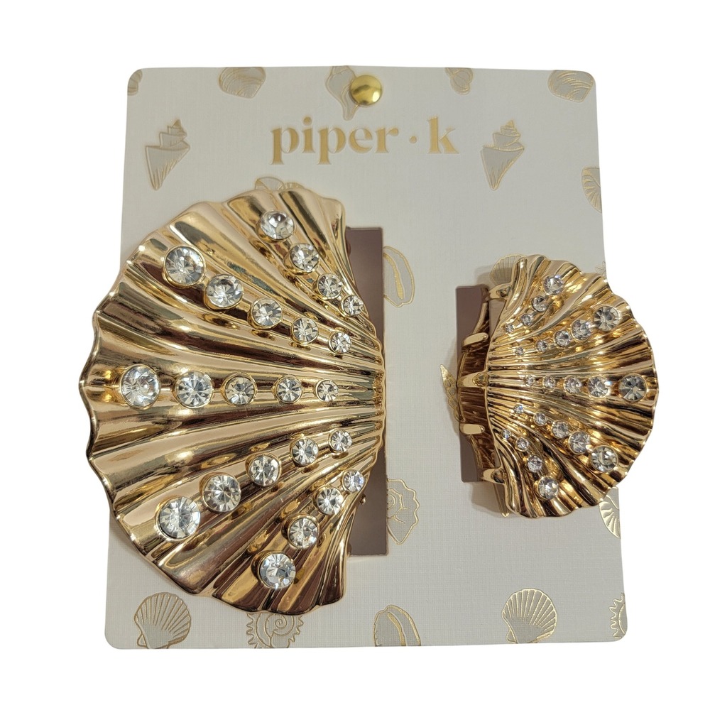 Piper K Gold Seashell Rhinestone Hair‎ Claw Clip Set Mermaidcore Coastal 2pc